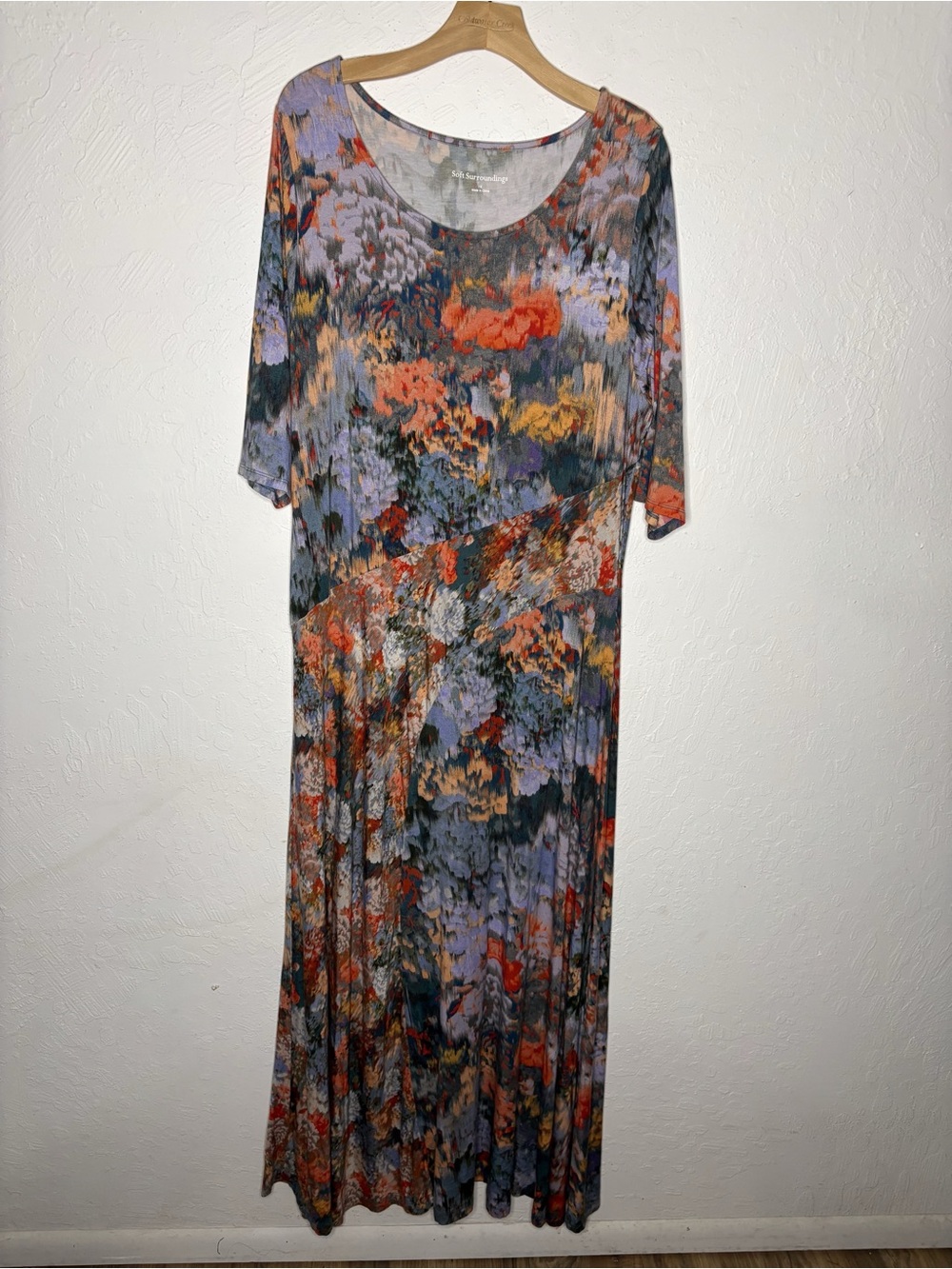 Soft Surroundings Nanette Maxi Dress 1X Plus Viscose Abstract Floral 3/4 Sleeves